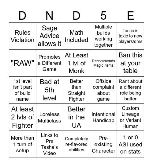 DnD Optimization Bingo Card