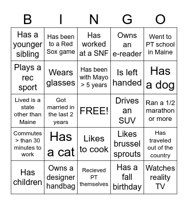 Physical Therapy Month Bingo Card