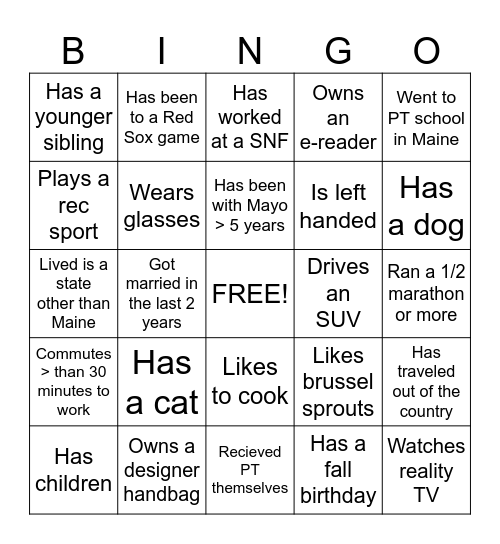 Physical Therapy Month Bingo Card