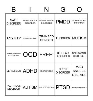 MENTAL HEALTH BINGO Card