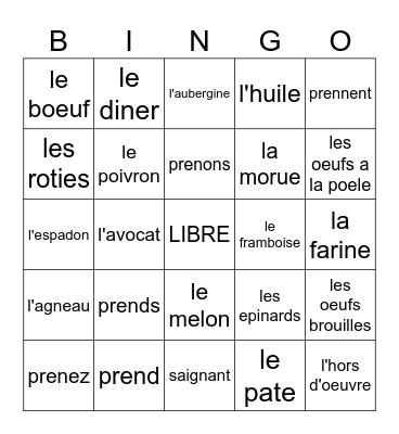 prendre and foods Bingo Card