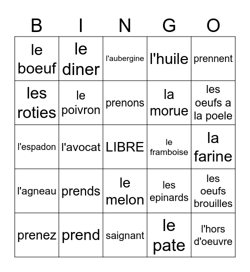 prendre and foods Bingo Card