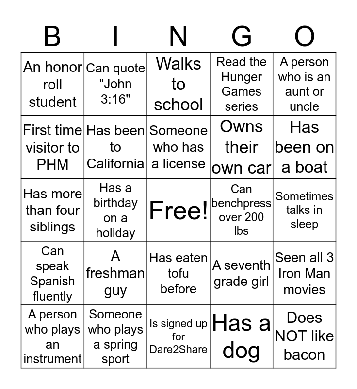 Youth Service Bingo Card