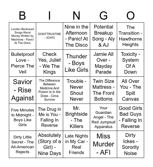 Emo Bingo 2005 to 2015 Bingo Card