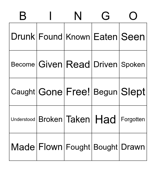 Irregular verbs Past Participle Bingo Card