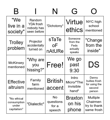 First-year Prize Debate Bingo Card