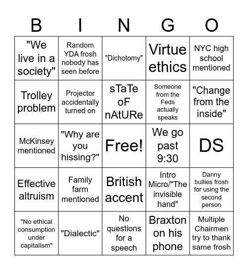 First-year Prize Debate Bingo Card