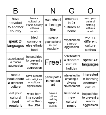Race Ethnicity and Culture Bingo Card