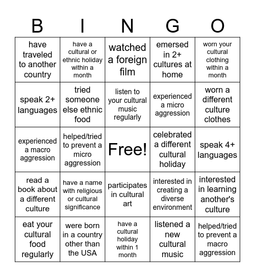 Race Ethnicity and Culture Bingo Card