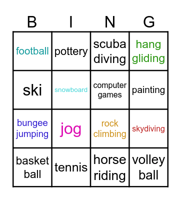 Sports and Activities Bingo Card