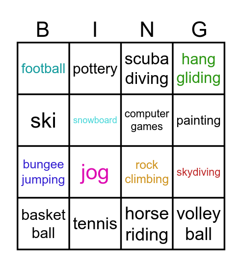 Sports and Activities Bingo Card