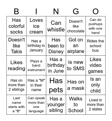Middle School BINGO: Find someone who... Bingo Card