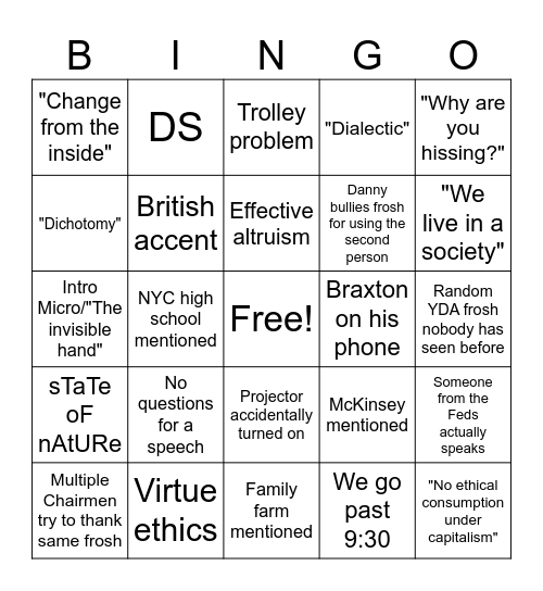 First-Year Prize debate Bingo Card