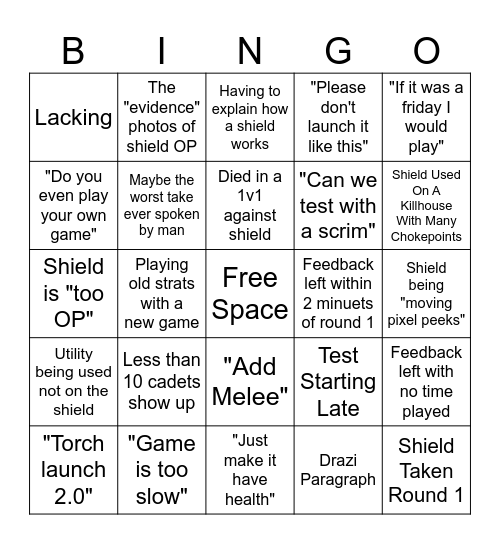 Shield Test BINGO Card