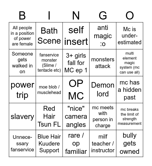 Bad School Fantasy Bingo Card