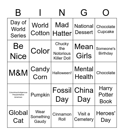 October National Day Bingo! Bingo Card