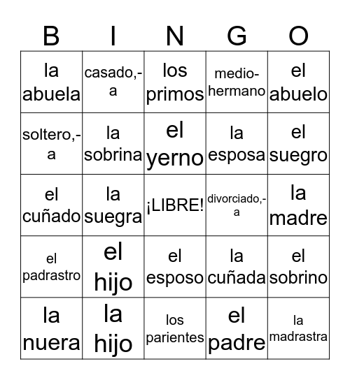 La Familia Bingo Card