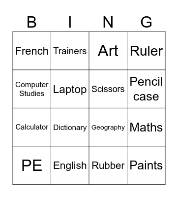 School subjects & objects Bingo Card
