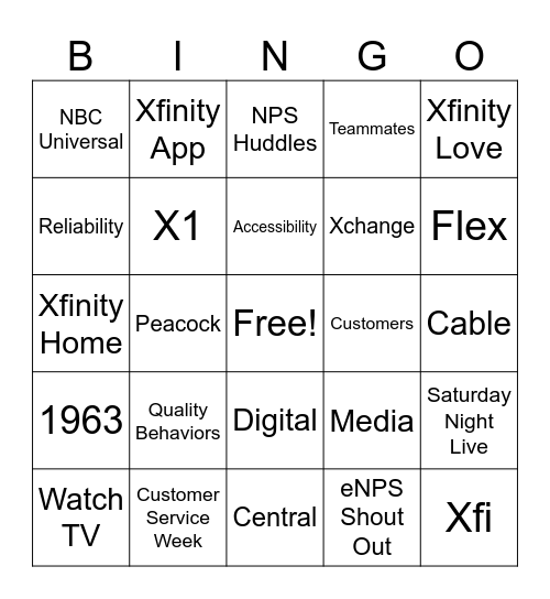 Xfinity Bingo Card