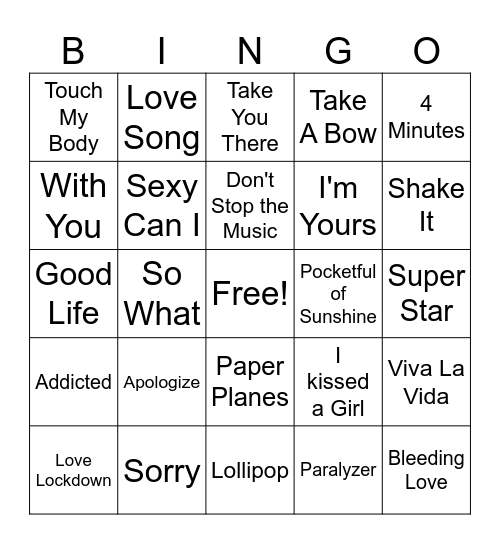 2008 Hot 100 Bingo Card