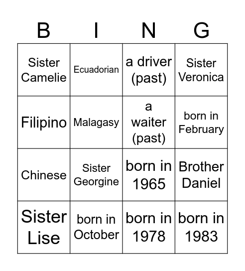 Be Verbs Bingo Card