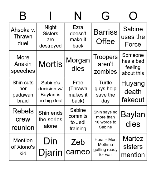 Ahsoka Finale Predictions Bingo Card