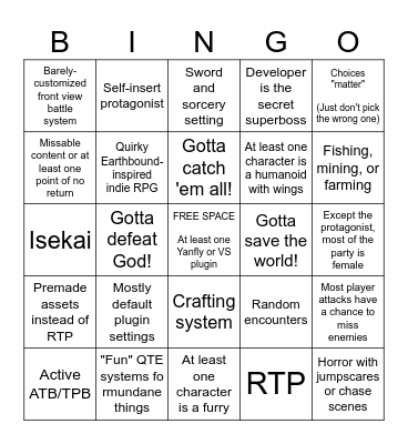RPG Maker Bingo Card