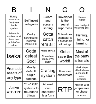RPG Maker Bingo Card
