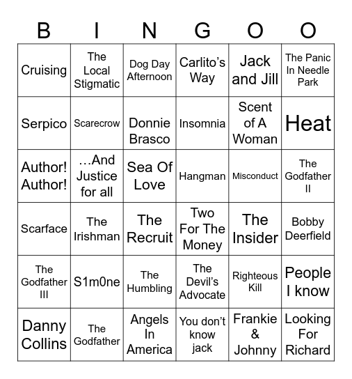 Al Pacino Bingo Card