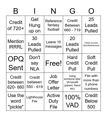 NFLD Origination Bingo Card