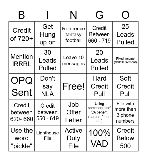 NFLD Origination Bingo Card