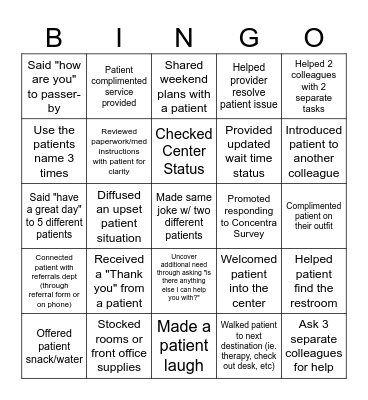 Customer Service Bingo Card