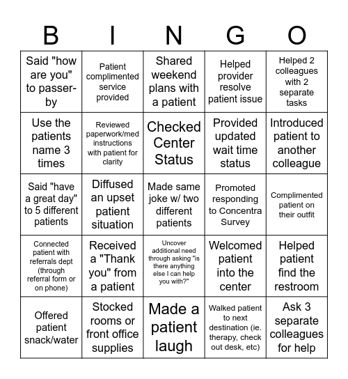 Customer Service Bingo Card