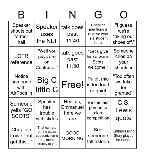 COVENANT COLLEGE Bingo Card
