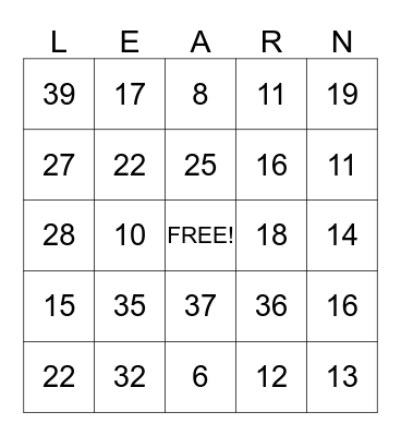 MATH IS FUN FOR OLDER KIDS Bingo Card