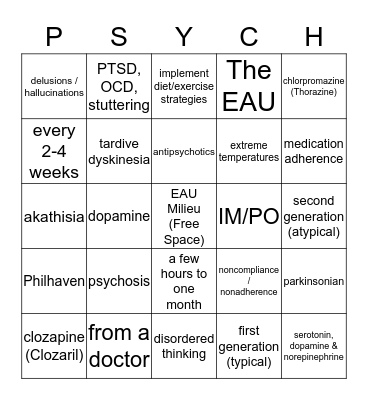 Antipsychotic Medication Education Bingo Card