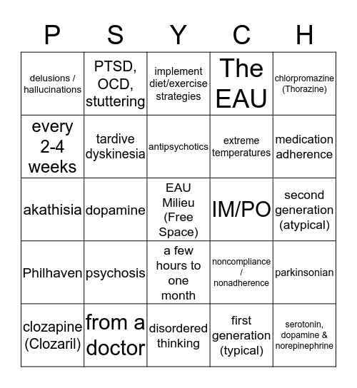 Antipsychotic Medication Education Bingo Card
