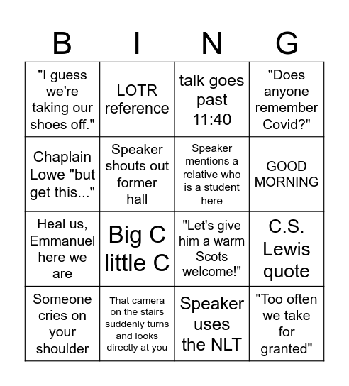 COVENANT COLLEGE CHAPEL BINGO Card