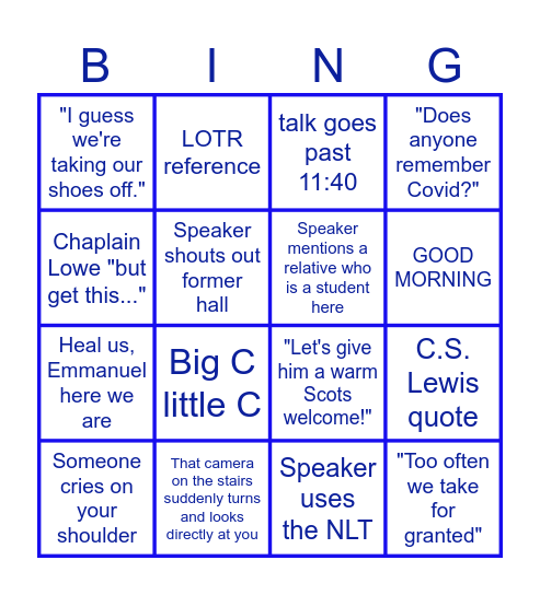 COVENANT COLLEGE CHAPEL BINGO Card
