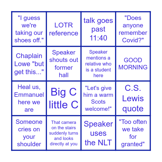 COVENANT COLLEGE CHAPEL BINGO Card