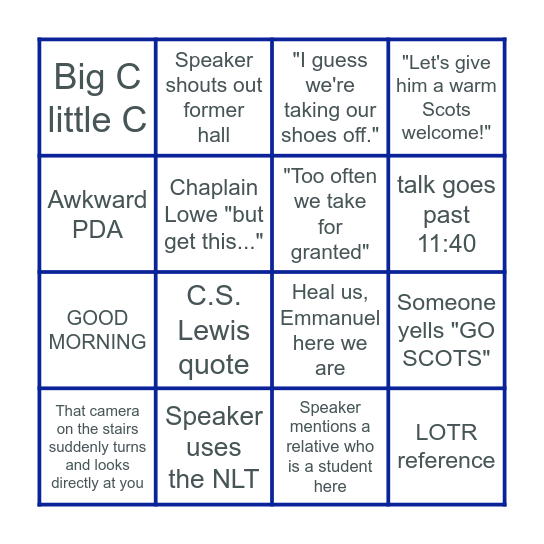 COVENANT COLLEGE CHAPEL BINGO Card