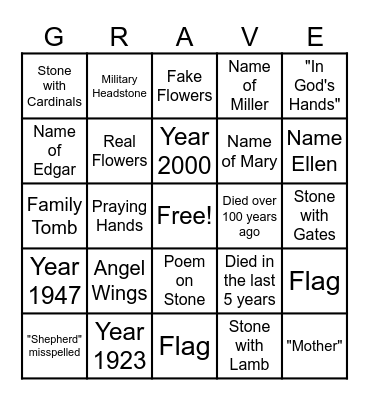 Cemetery Tour 2023 Bingo Card