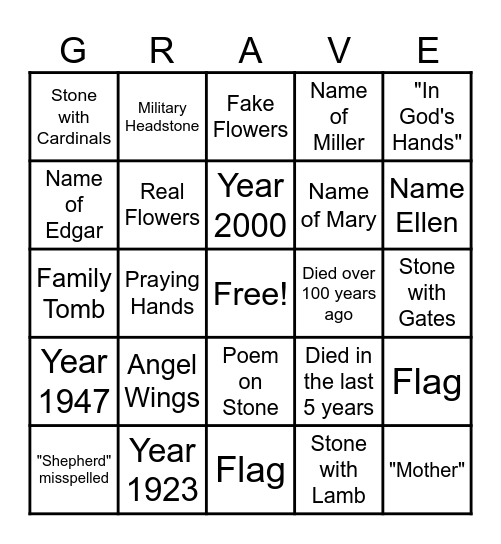 Cemetery Tour 2023 Bingo Card