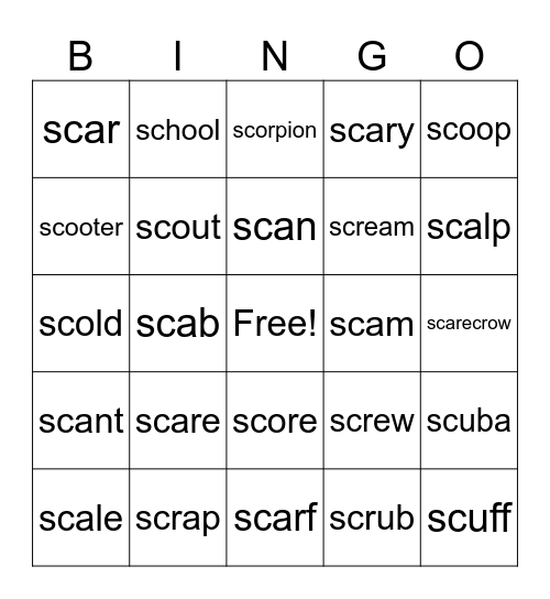 SC Words Bingo Card