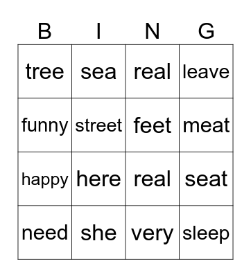 Long e Sounds Bingo Card