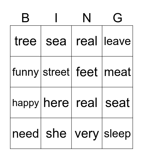Long e Sounds Bingo Card