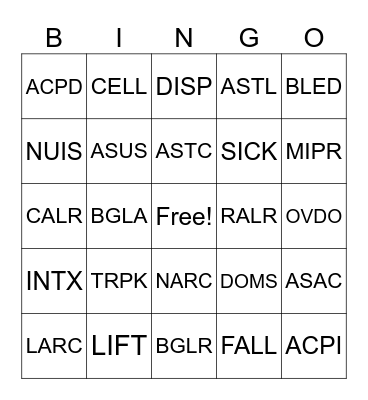 TYPE CODES Bingo Card