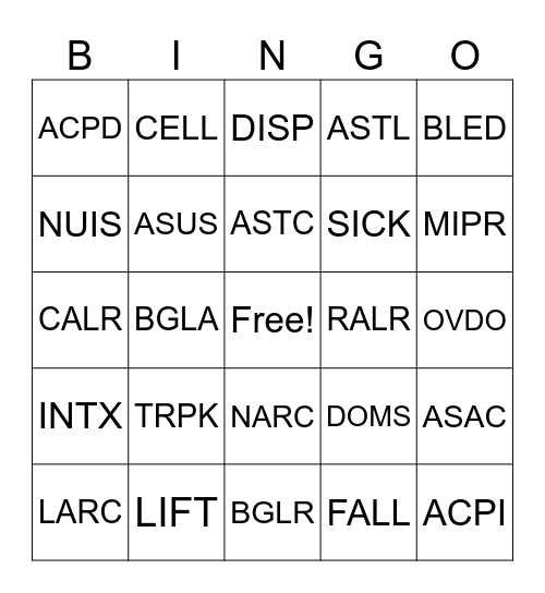 TYPE CODES Bingo Card