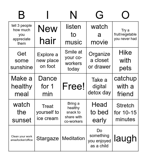 Mindbody Wellness Bingo Card
