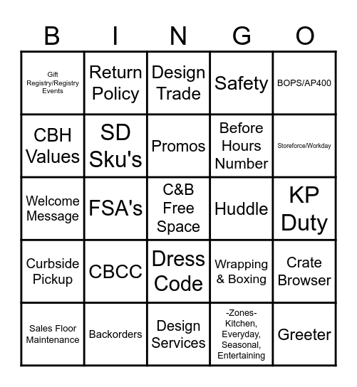 Crate&Barrel Bingo Card